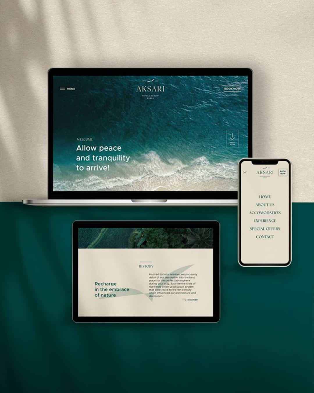 Aksari Hotel névjegykártya tervezés elegáns zöld és bézs arculati megjelenéssel