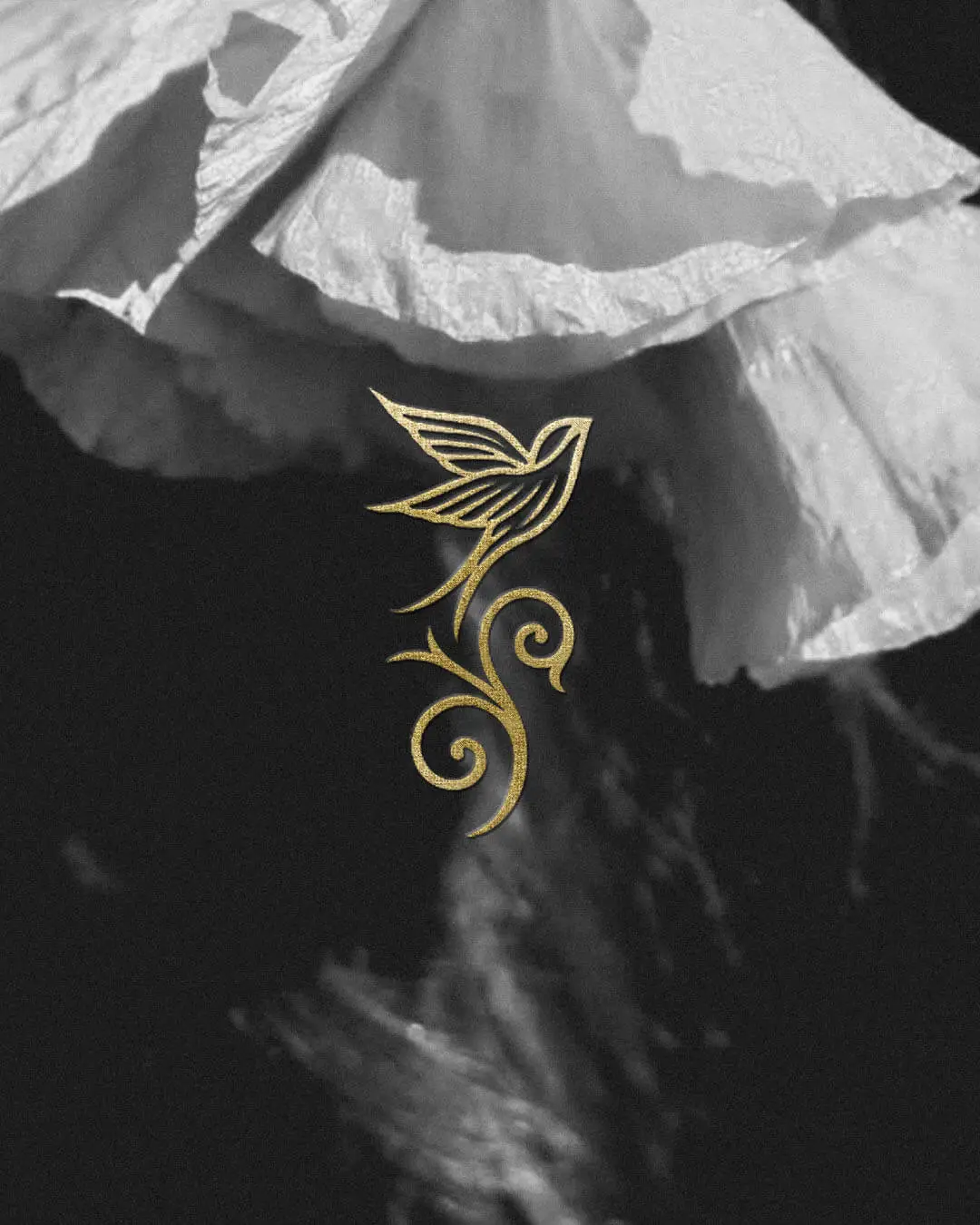 Esküvői és portré fotós logótervezés arany madár emblémával fekete-fehér háttéren