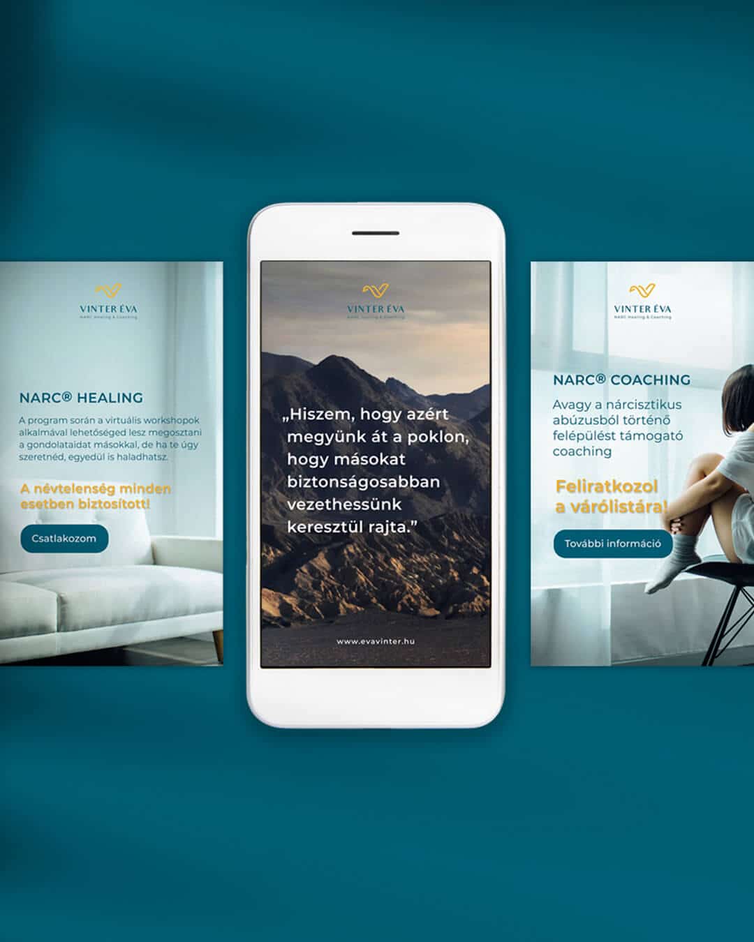 Vinter Éva coaching social media grafikai tervezés – NARC Healing Program Instagram vizuálok