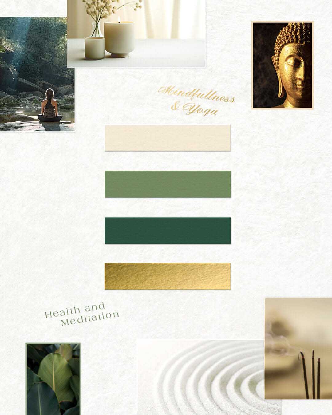 Jóga moodboard és vizuális megjelenés, természetes zöld és arany színpalettával