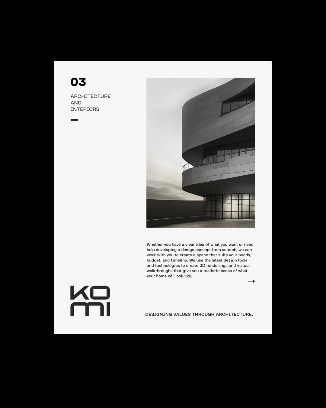 Minimalista építészeti kiadvány modern épületfotóval és KOMI logóval