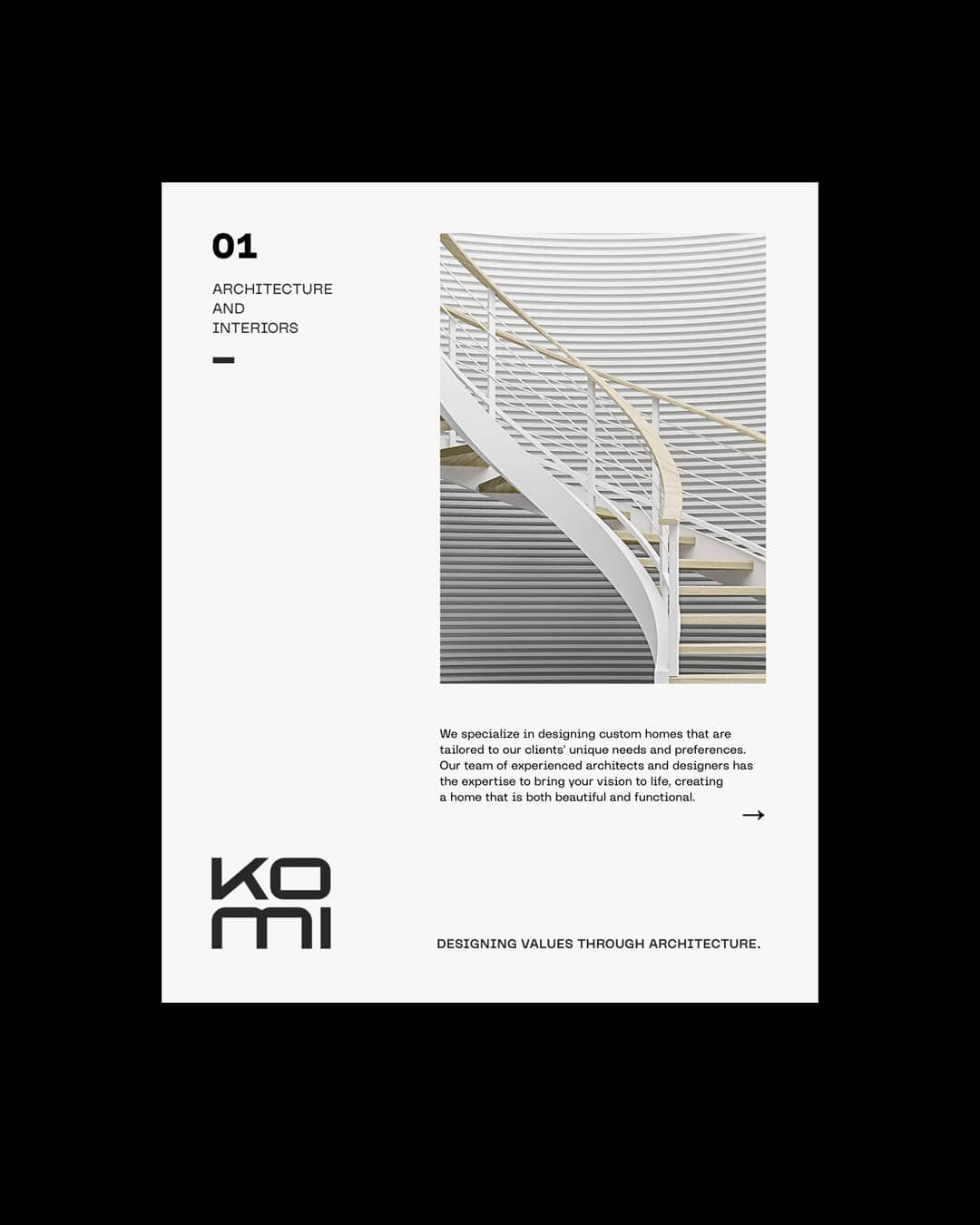 KOMI arculati anyag modern építészeti vizuállal és tipográfiával