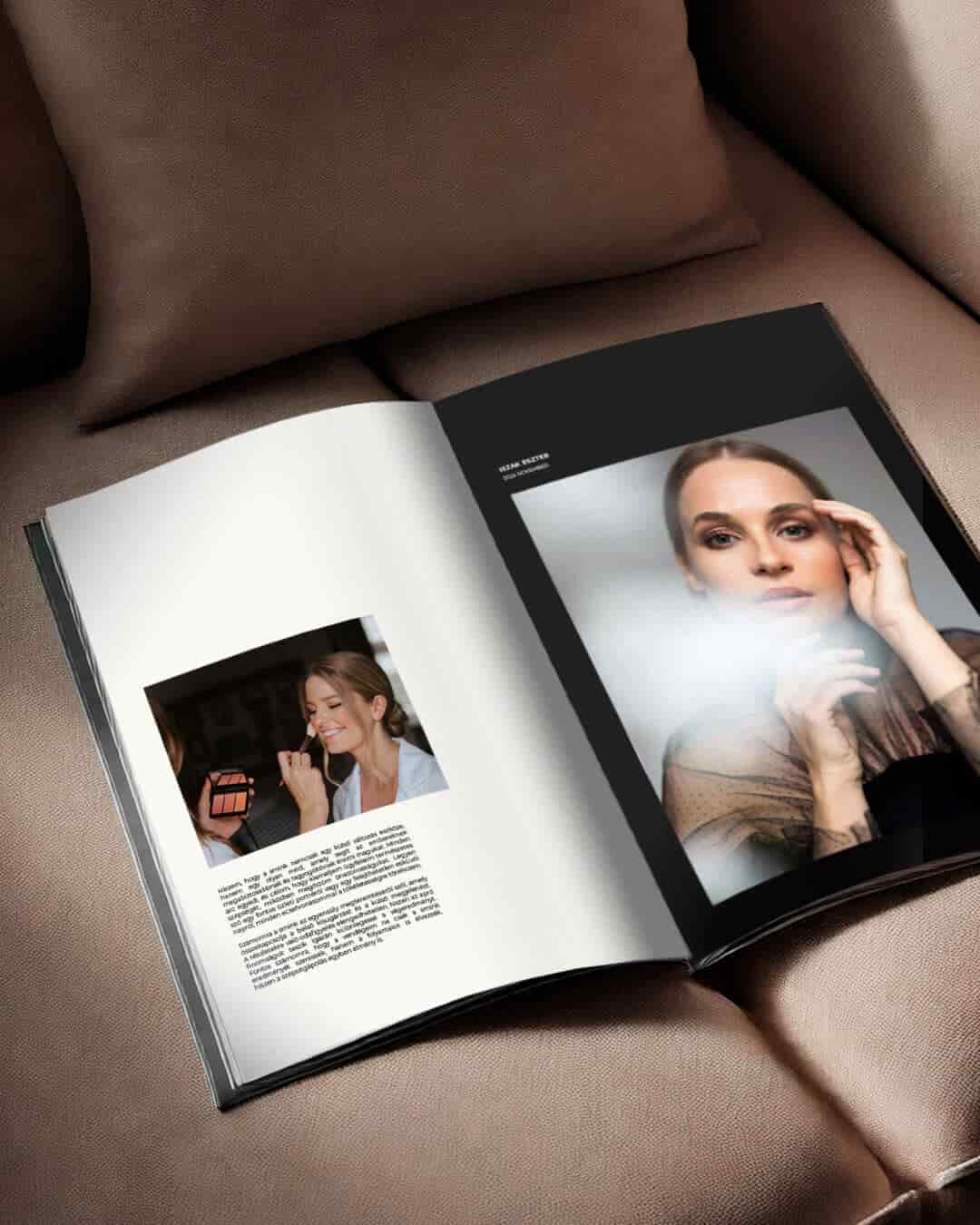Kutasi Mariann makeup artist magazin tervezése, nyomtatott arculati anyag portréfotókkal