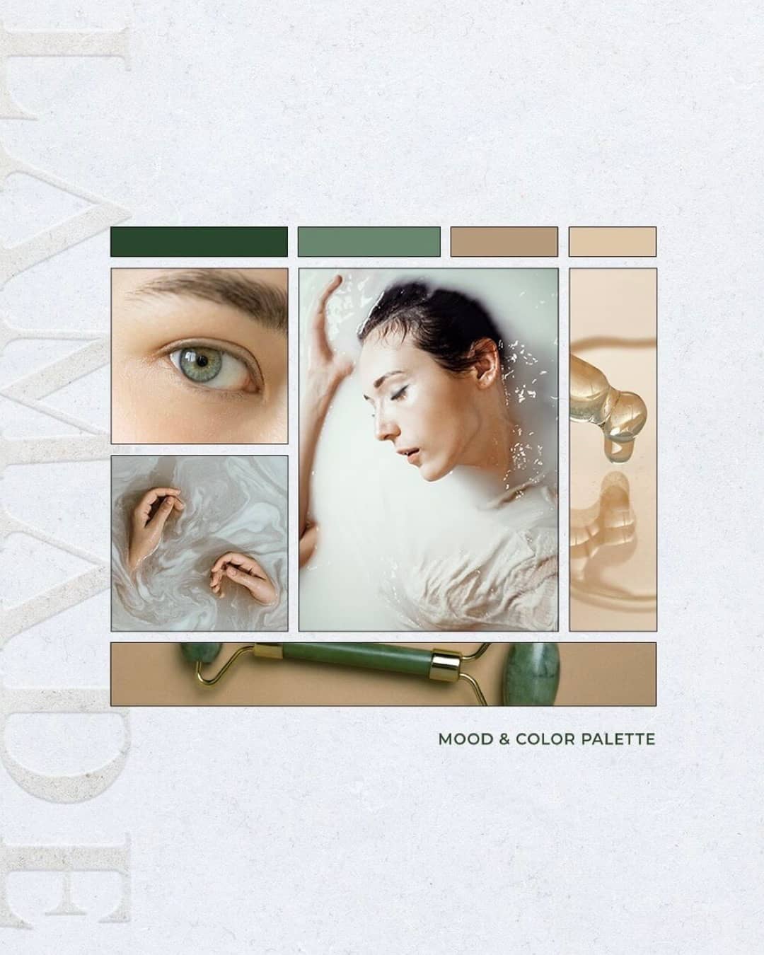 LAMADE natúr kozmetikai márka moodboard és zöld-beige színpaletta