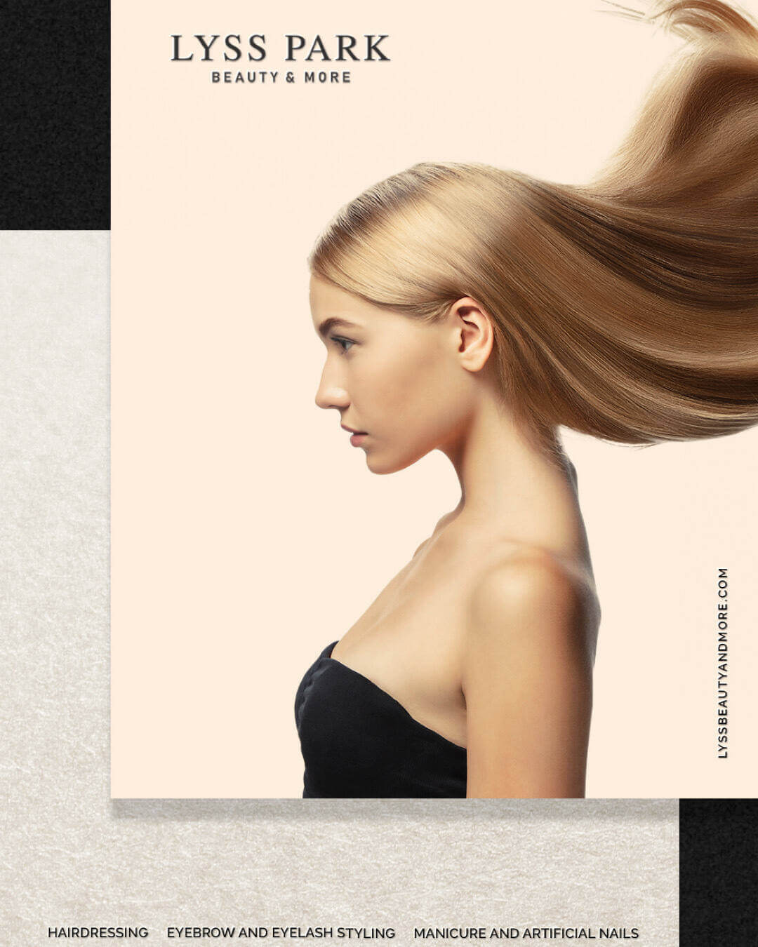 Lyss Park beauty arculat női portréval és elegáns tipográfiával fodrász és sminkes márka számára