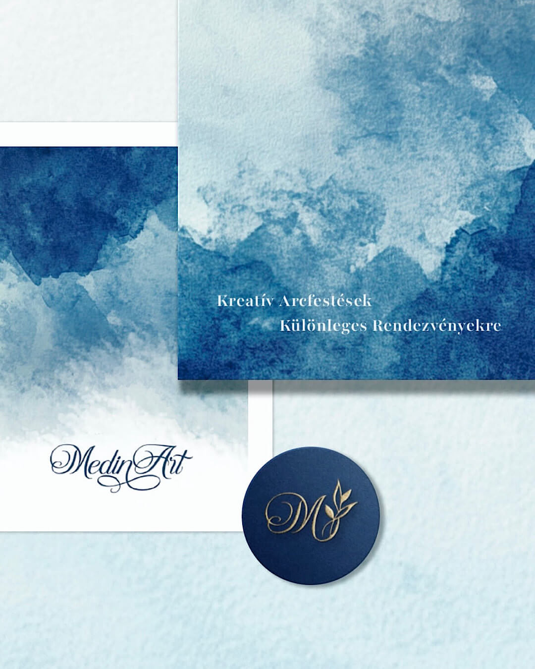 MedinArt arculattervezés kék akvarell háttérrel és arany részletekkel