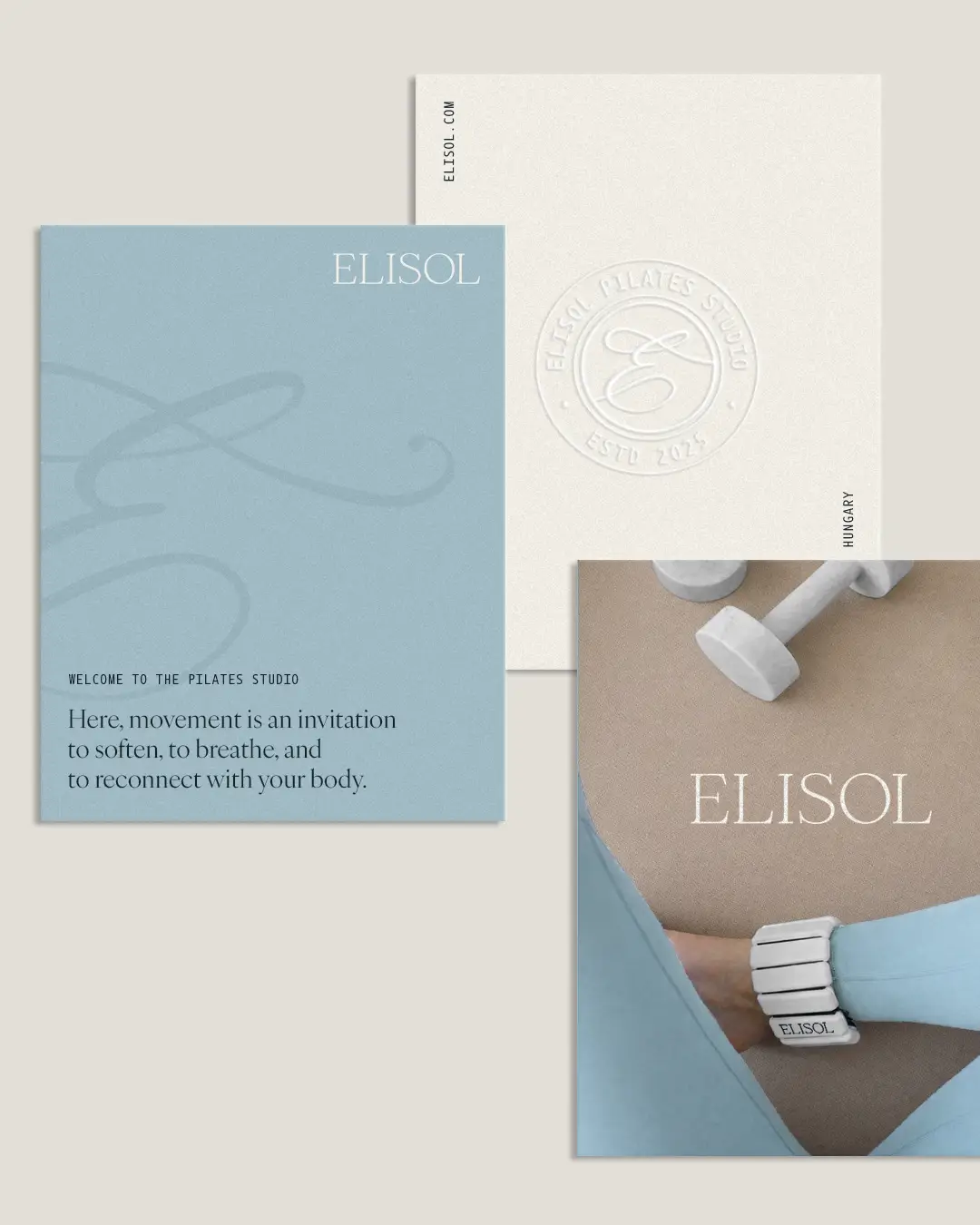 ELISOL pilates stúdió vizuális koncepció lágy kék háttérrel pilates stúdió márkaépítés projektben