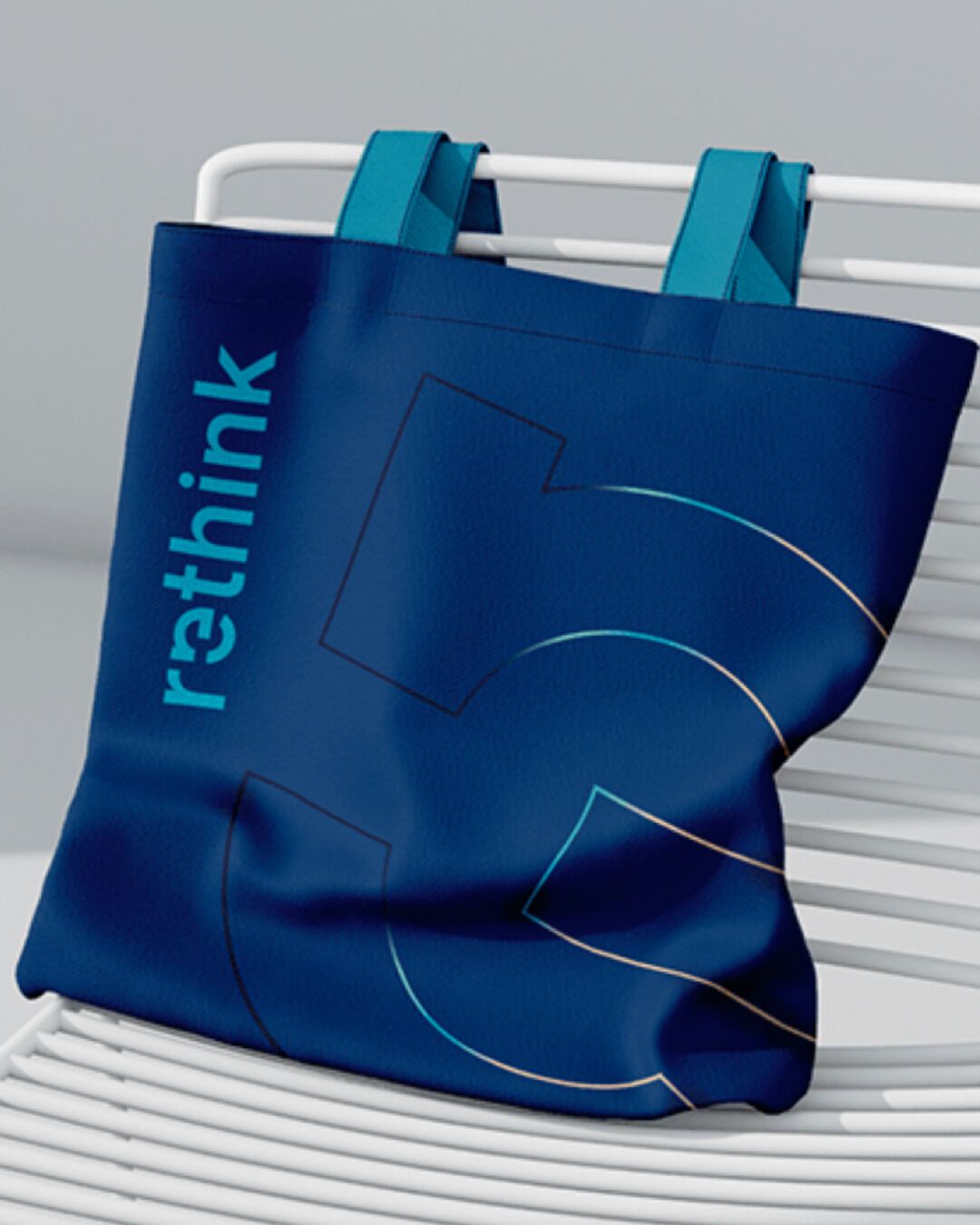 Rethink logóval ellátott egyedi tervezésű vászontáska kék arculati elemekkel