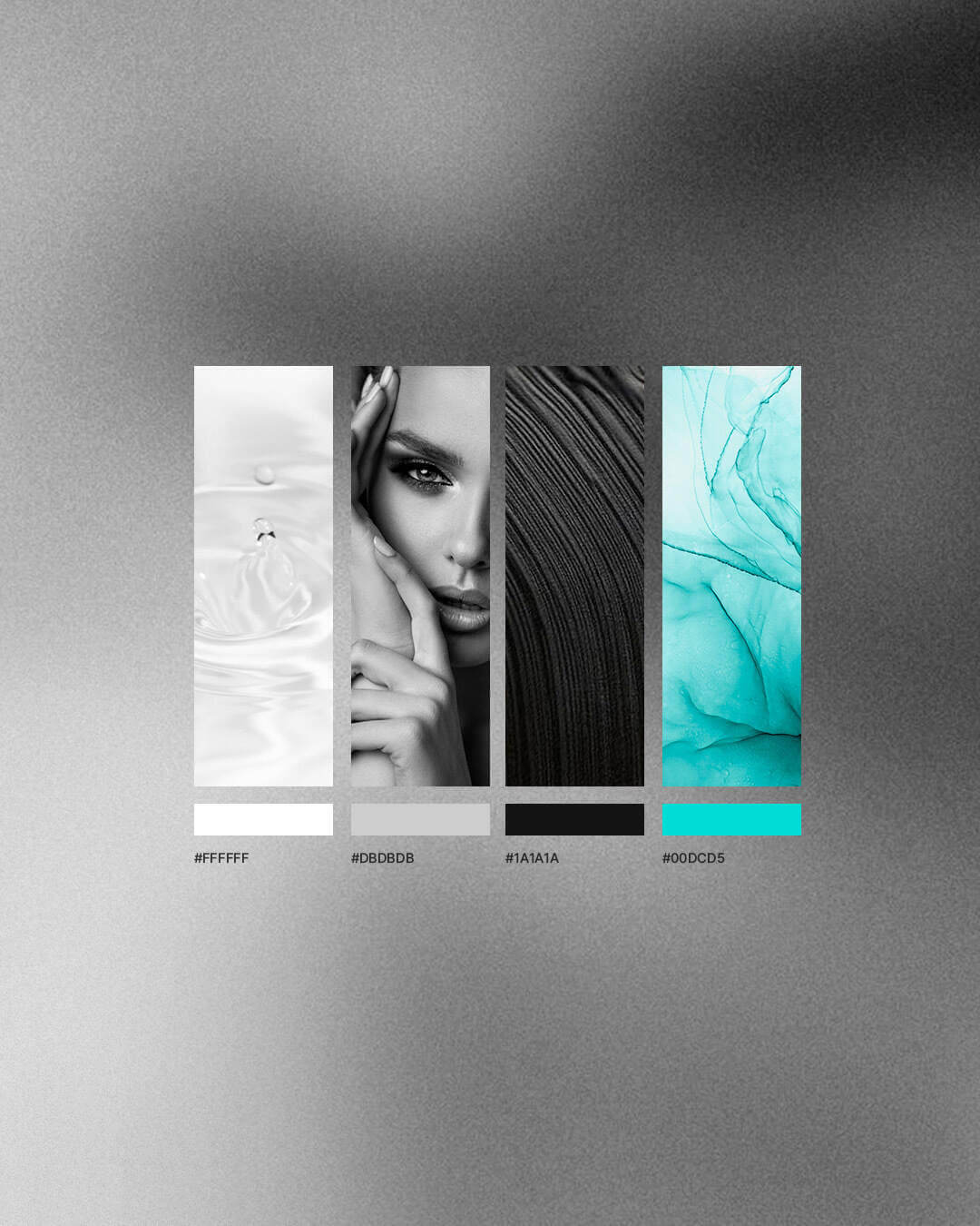 Szempilla stylist márka moodboard fekete-fehér és türkiz színpalettával