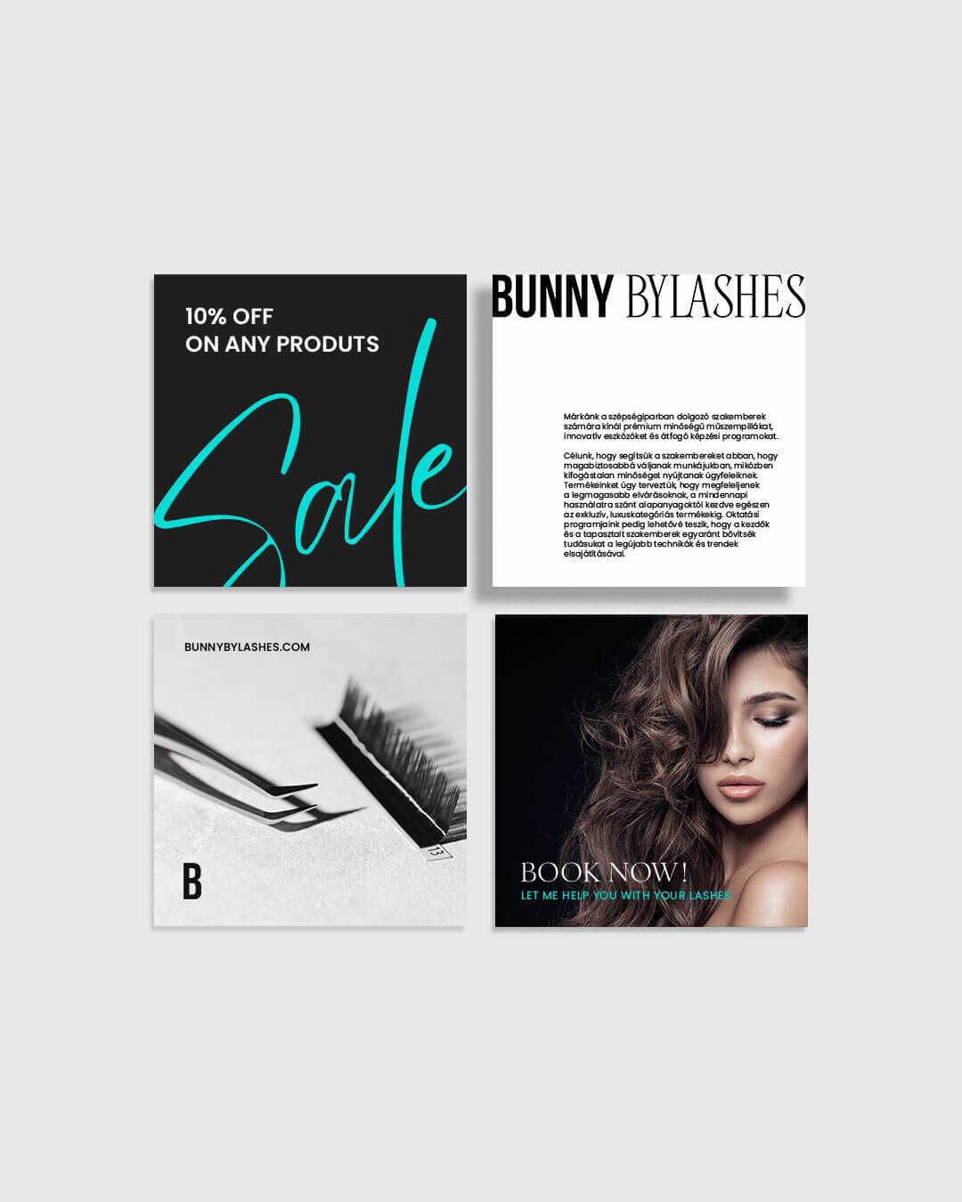 Instagram poszt design szempilla stylist márkához fekete és türkiz színvilágban