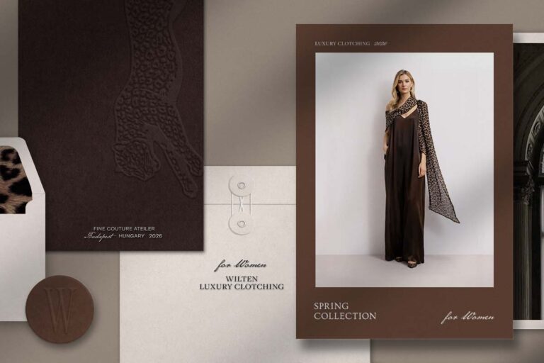Luxus divatmárka branding vizuális arculat barna színekkel elegáns női kollekcióval