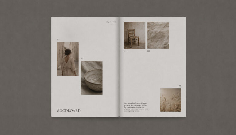 Letisztult moodboard magazin mockup bézs és barna tónusokkal, kerámia textúrákkal és természetes inspirációs elemekkel márkaépítési projekthez.