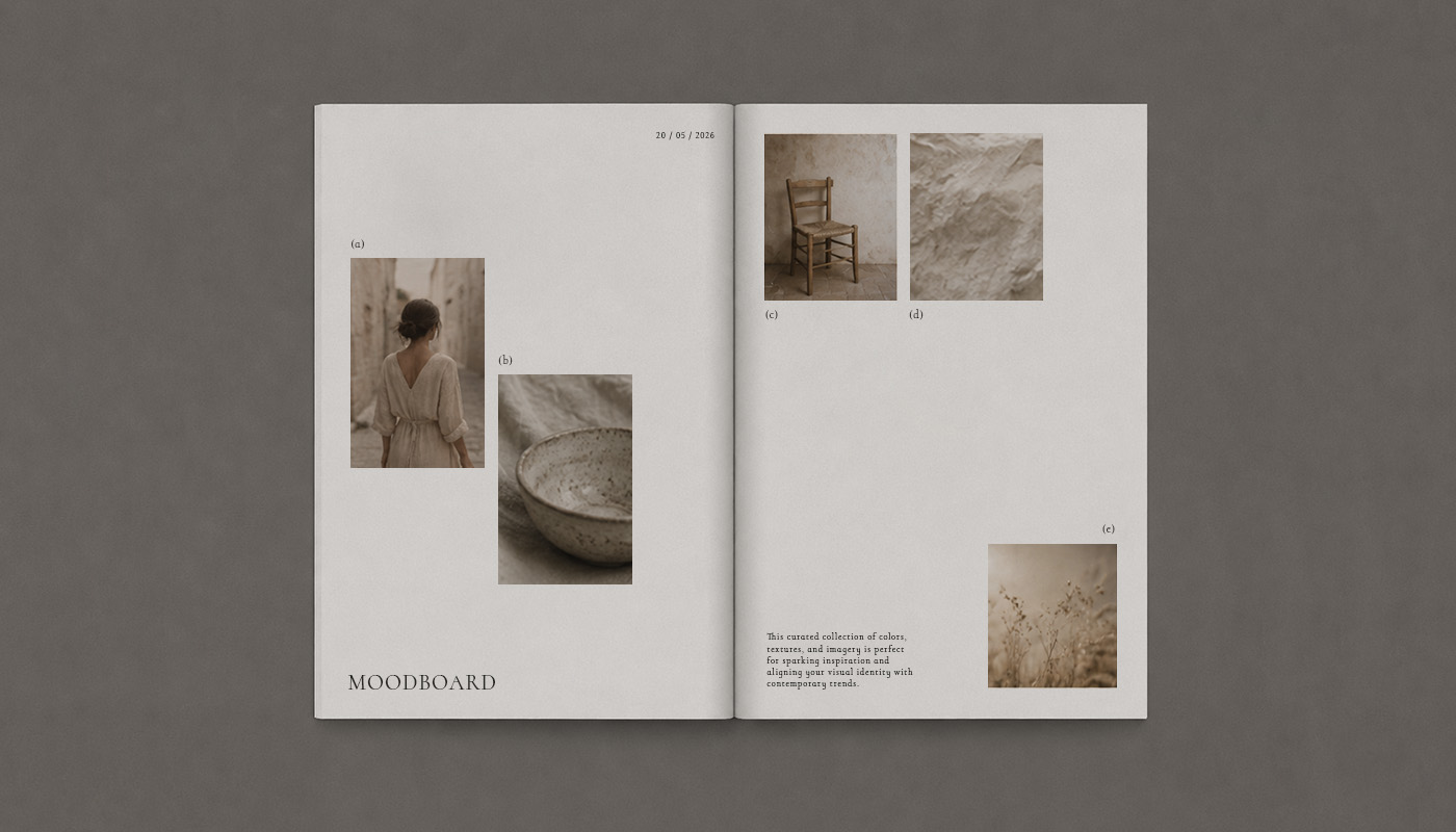 Letisztult moodboard magazin mockup bézs és barna tónusokkal, kerámia textúrákkal és természetes inspirációs elemekkel márkaépítési projekthez.