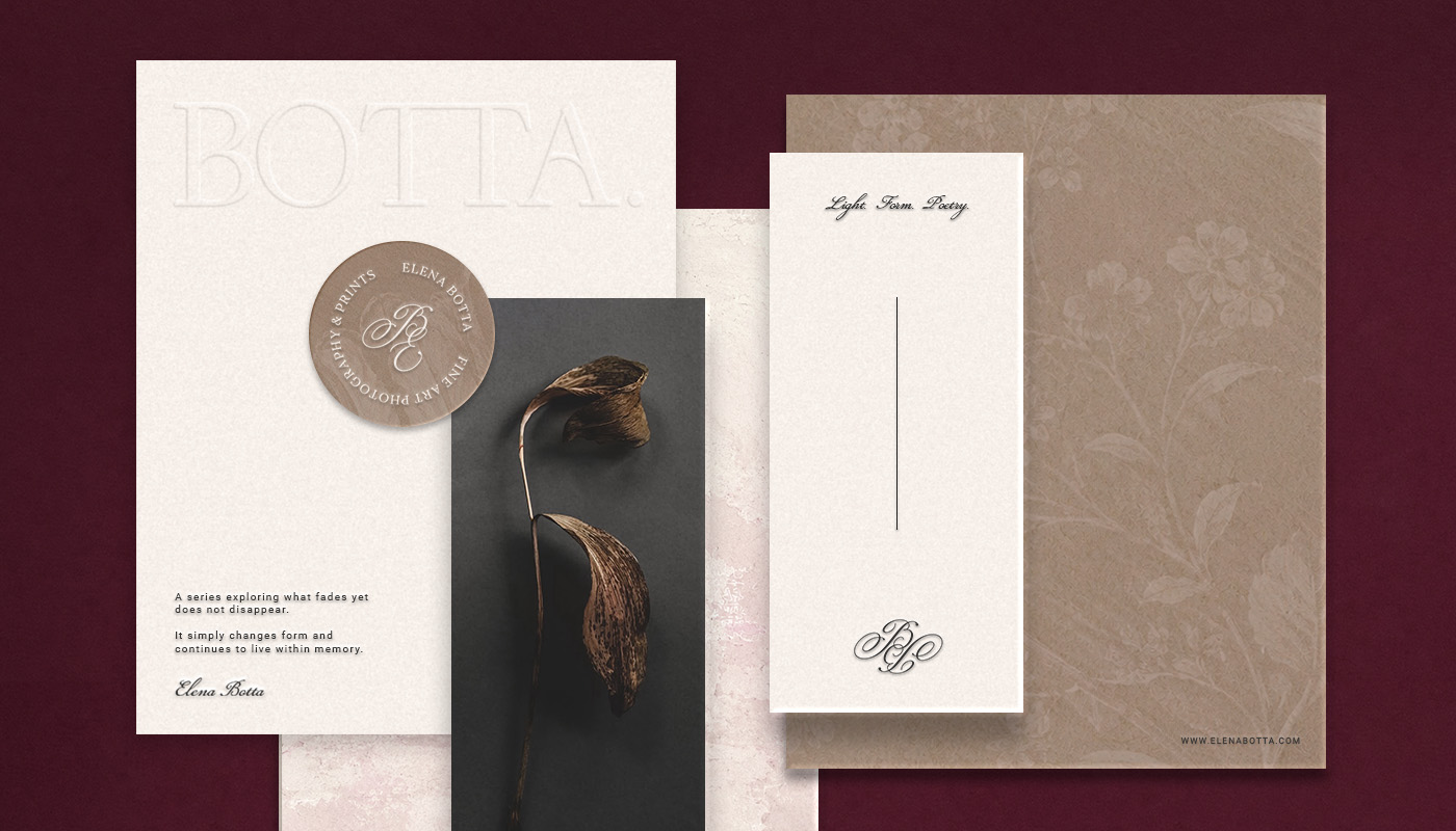 BOTTA. Fine Art Photography arculattervezés monogrammal, nyomdai anyagokkal és tipográfiai rendszerrel