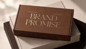 Barna és bézs prémium csomagolódobozok elegáns Brand Promise felirattal.